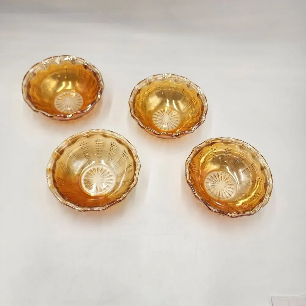 Set Of 4 Hazel Atlas Diamond Point Carnival Glass Iridescent Berry Dessert Bowls